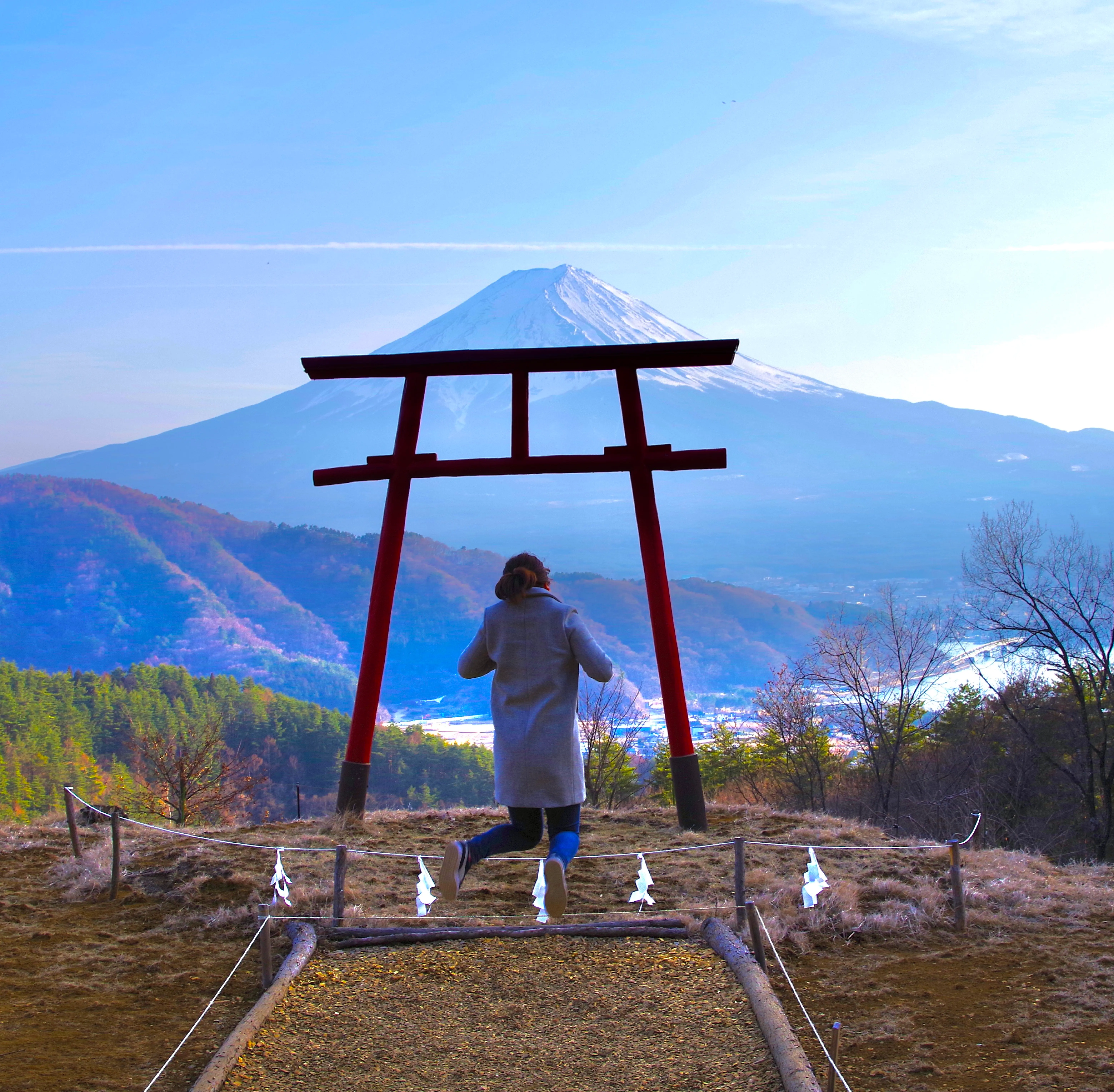 写真：山の上で富士山が遠くに見える鳥居の前で後ろ向きにジャンプしている さわ